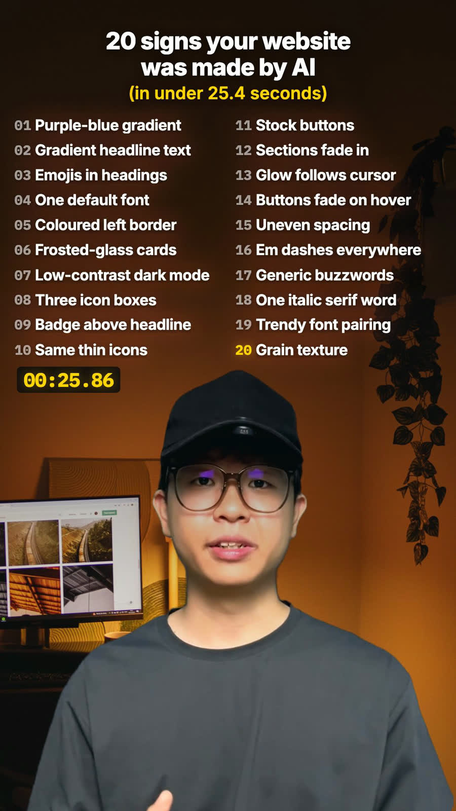The full list of twenty signs a website was made by AI, as shown in the video
