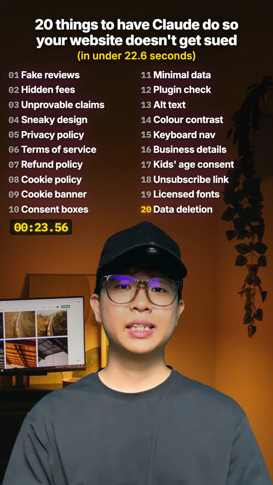 The full list of twenty things to fix before your website gets you sued, as shown in the video