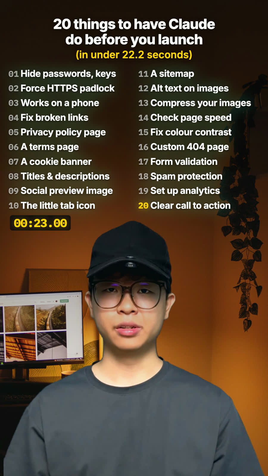 The full list of twenty things to do before you launch a website, as shown in the video