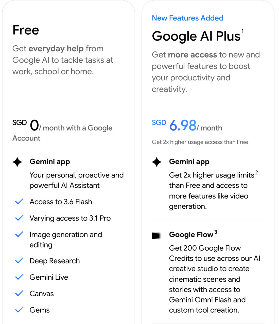 Google's Gemini plans page for Singapore: Free at SGD 0 a month with image generation and editing, and Google AI Plus at SGD 6.98 a month with access to more features like video generation