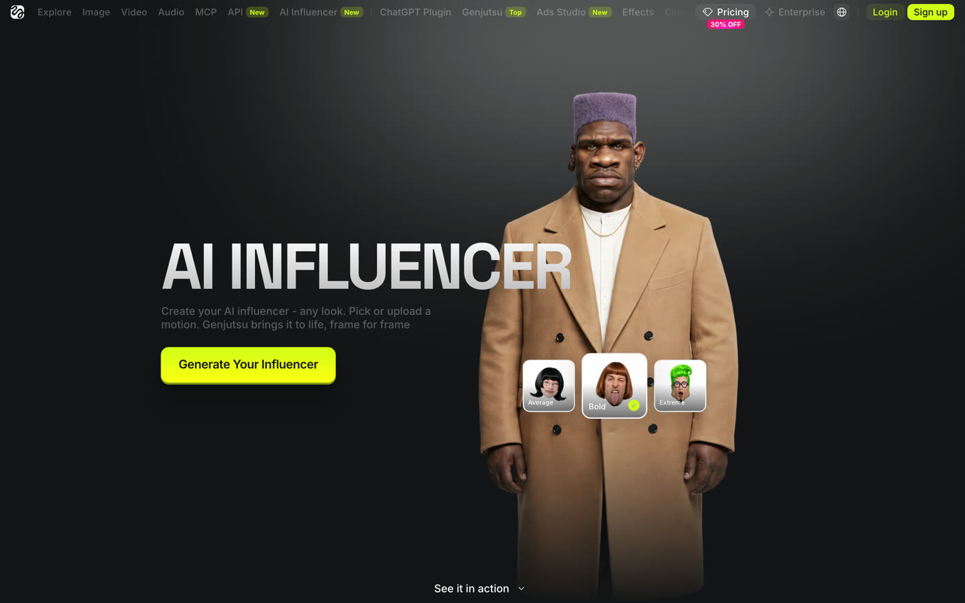 Higgsfield's AI Influencer page, headlined AI INFLUENCER, with the line Create your AI influencer, any look, pick or upload a motion, and a Generate Your Influencer button