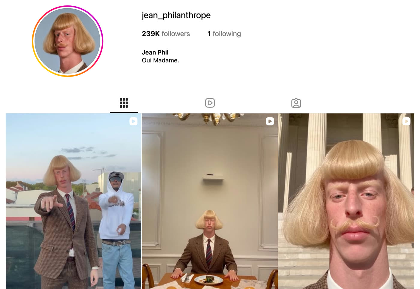 Jean Phil's Instagram profile, jean_philanthrope, showing 239K followers, 1 following and the bio Oui Madame, above three of his clips