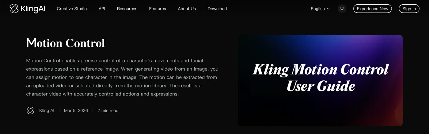 Kling AI's Motion Control user guide page, explaining that motion can be extracted from an uploaded video or picked from a motion library and applied to a character in an image