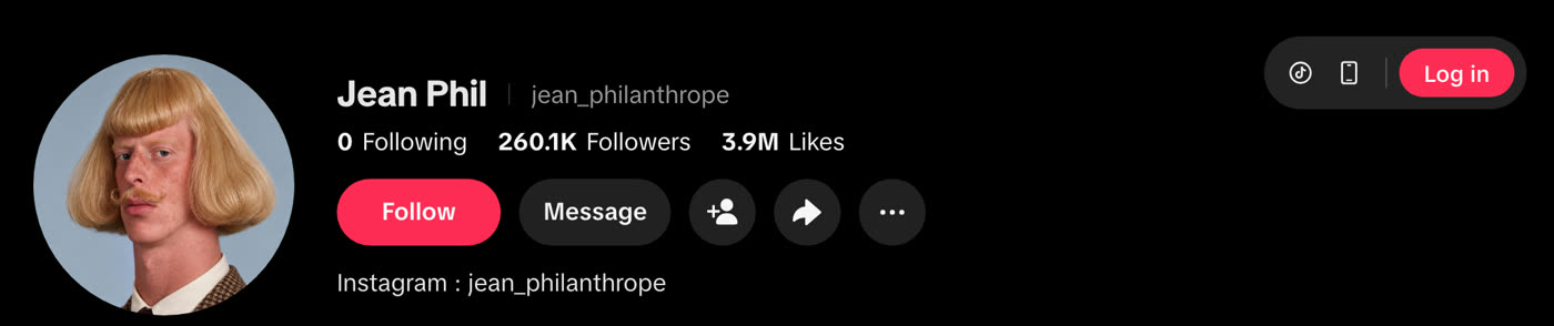 Jean Phil's TikTok profile showing 0 following, 260.1K followers and 3.9M likes, with the bio Instagram: jean_philanthrope