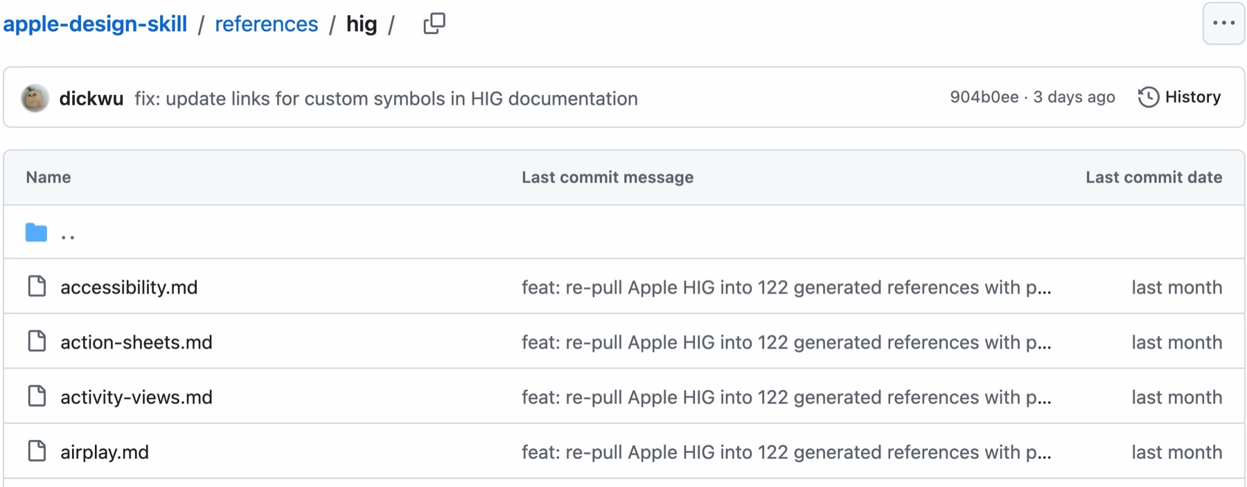 The references/hig folder of the apple-design-skill repository on GitHub, listing accessibility.md, action-sheets.md, activity-views.md and airplay.md, one Markdown file per Apple guideline page