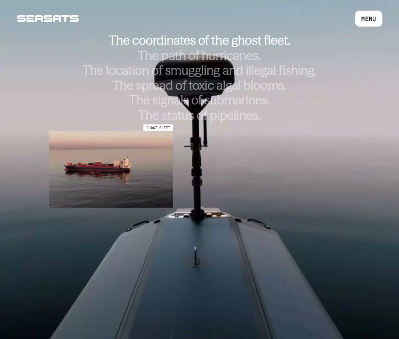 The Seasats homepage, an Awwwards Site of the Day, with a cinematic 3D hero of a vessel at sea and display type set over it
