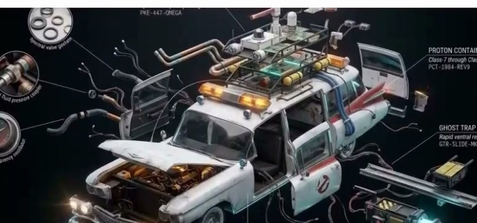 A Nano Banana exploded-view render of a vehicle broken into its labelled parts, floating apart in 3D with callout circles on individual components
