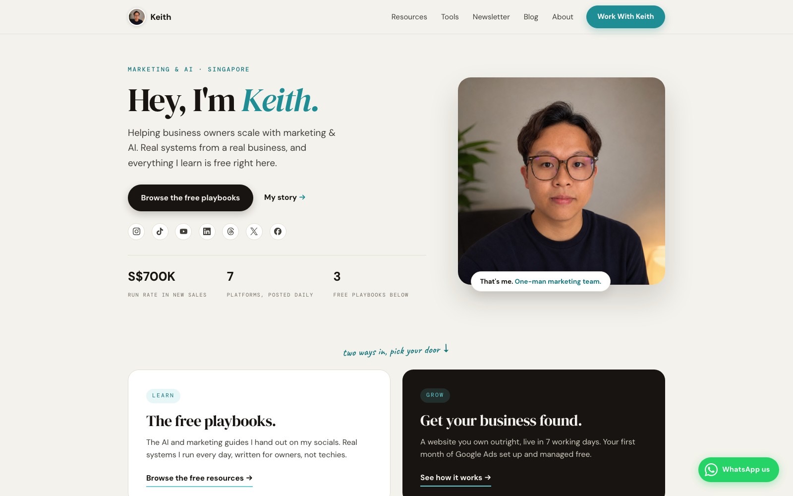 The homepage of scalr.sg, one of Keith's own builds, the kind of clean, intentional result the five-step process is aiming for