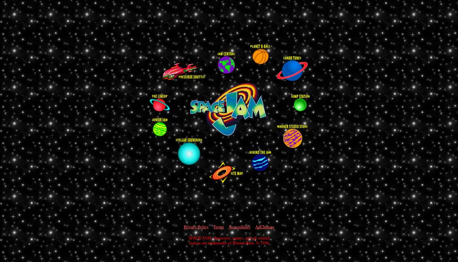 Warner Bros' 1996 Space Jam website, still online, with pixel planets arranged around a Space Jam logo on a black starfield