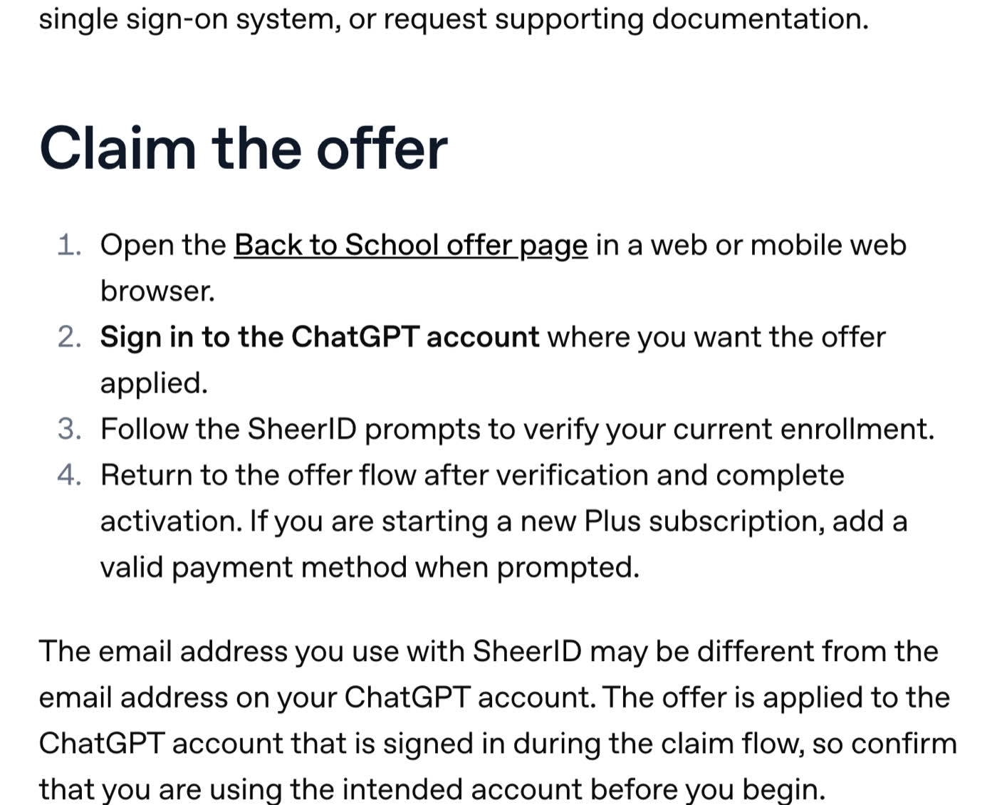 OpenAI's help centre page showing how to redeem the student offer