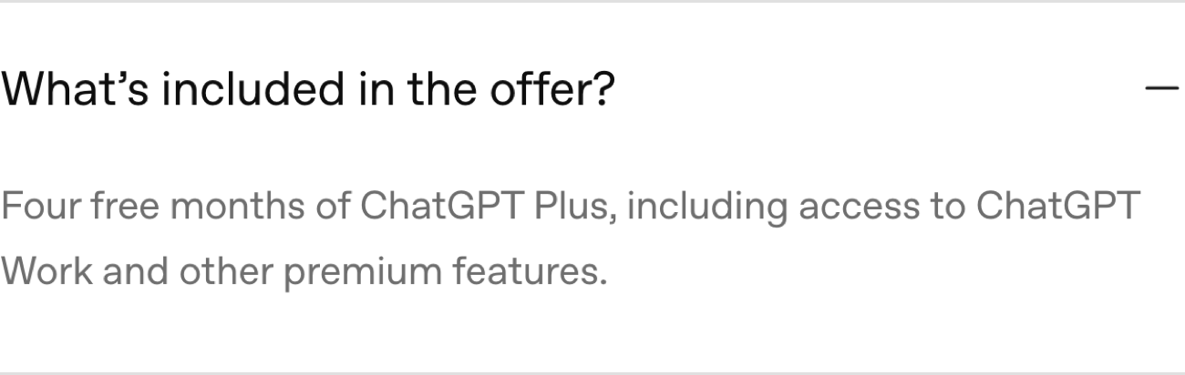 OpenAI's FAQ answer reading: Four free months of ChatGPT Plus, including access to ChatGPT Work and other premium features