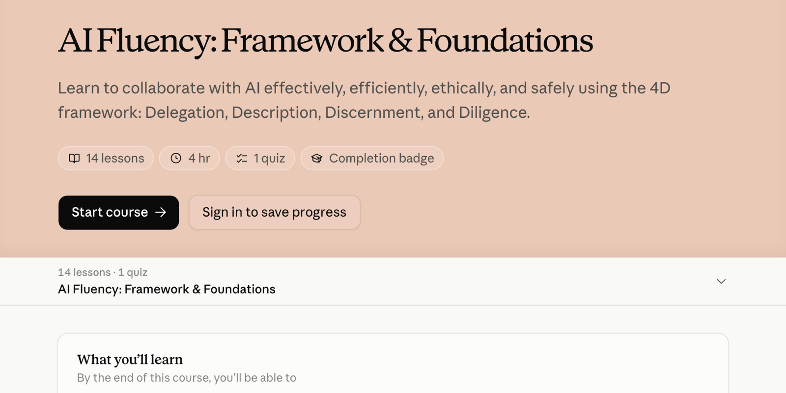The AI Fluency Framework and Foundations course page on Claude Academy, listing 14 lessons, 4 hours, 1 quiz and a completion badge, with a Start course button