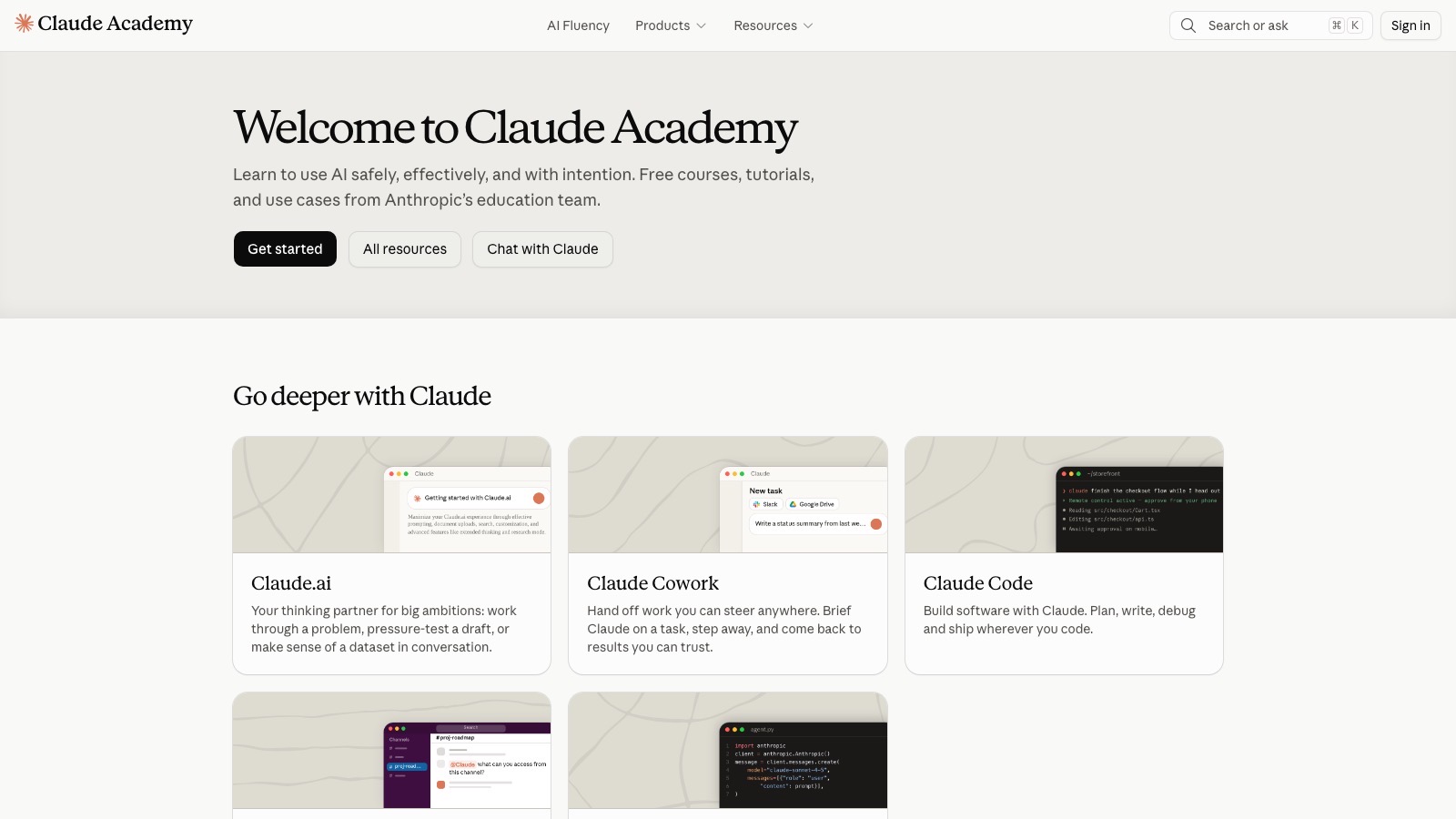 The Claude Academy homepage, offering free courses, tutorials and completion badges from Anthropic's education team