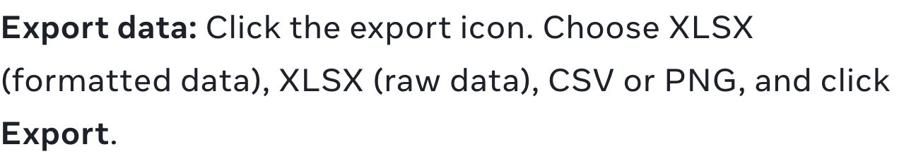 Meta Business Help text reading: Export data: Click the export icon. Choose XLSX (formatted data), XLSX (raw data), CSV or PNG, and click Export