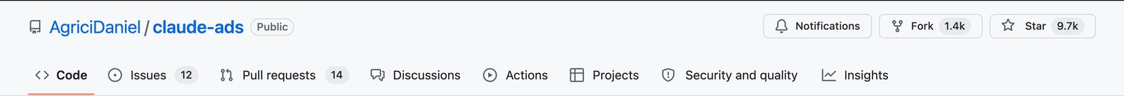 The AgriciDaniel/claude-ads repository header on GitHub, marked Public, with 1.4 thousand forks and 9.7 thousand stars