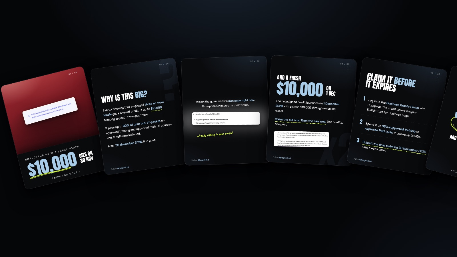 Six carousel slides designed by Claude, fanned out over a dark background, each showing a different beat of the SkillsFuture Enterprise Credit deadline
