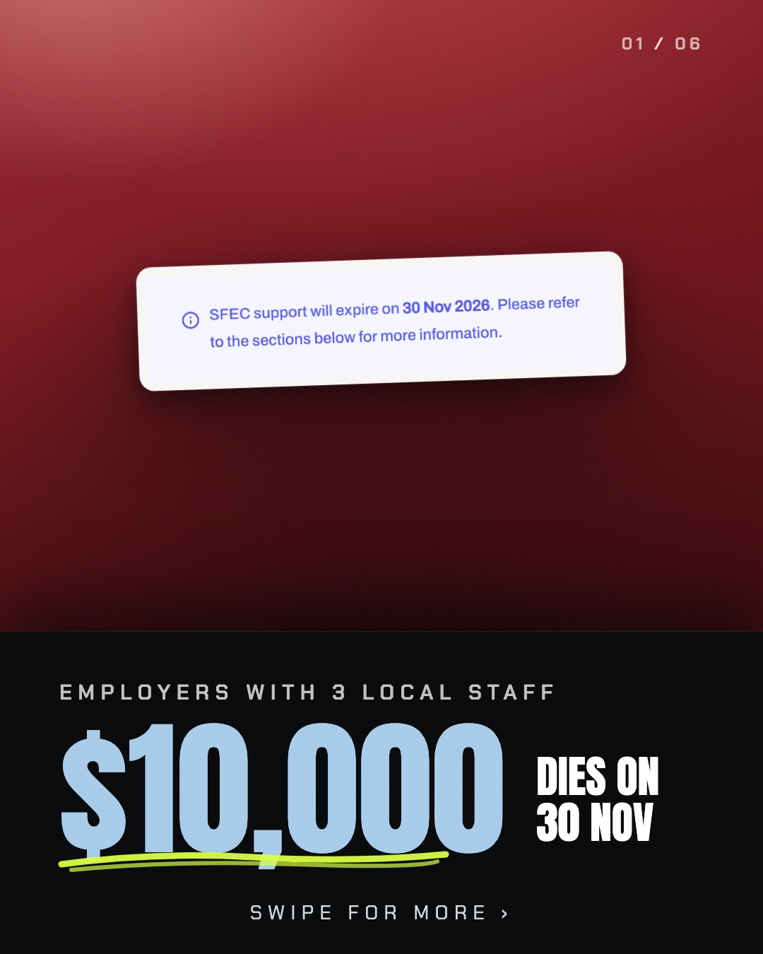 Slide 1: a screenshot of the EnterpriseSG page reading SFEC support will expire on 30 Nov 2026, over the headline Employers with 3 local staff, $10,000 dies on 30 Nov