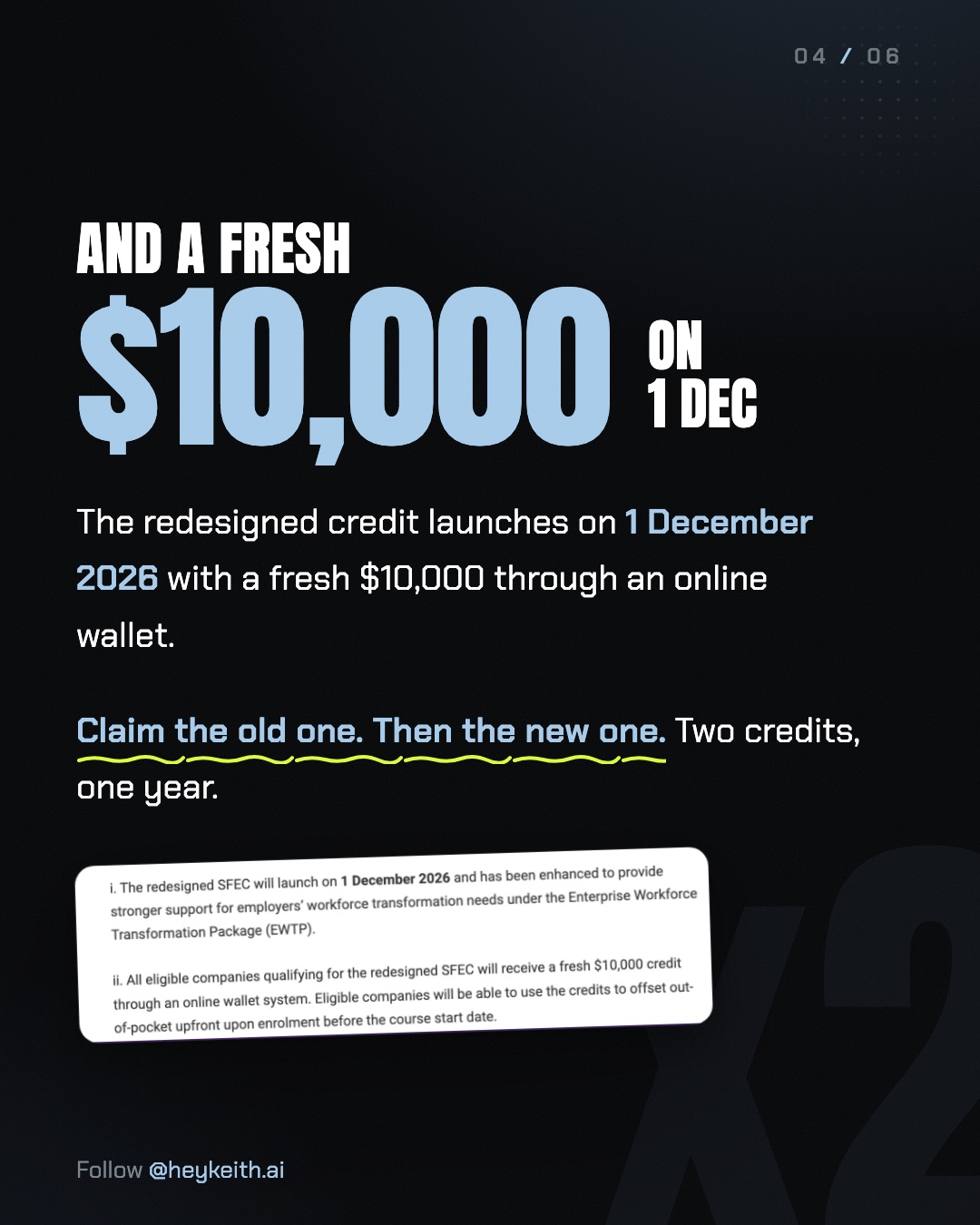 Slide 4: And a fresh $10,000 on 1 Dec, over a card cropped from the SSG memo confirming the redesigned SFEC launches 1 December 2026 with a fresh $10,000 credit through an online wallet