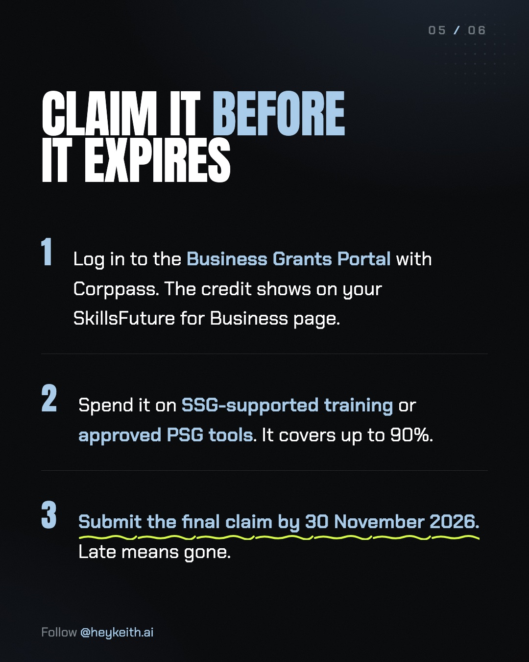 Slide 5: Claim it before it expires, as three numbered steps: log in to the Business Grants Portal, spend it on SSG-supported training or approved PSG tools, submit the final claim by 30 November 2026