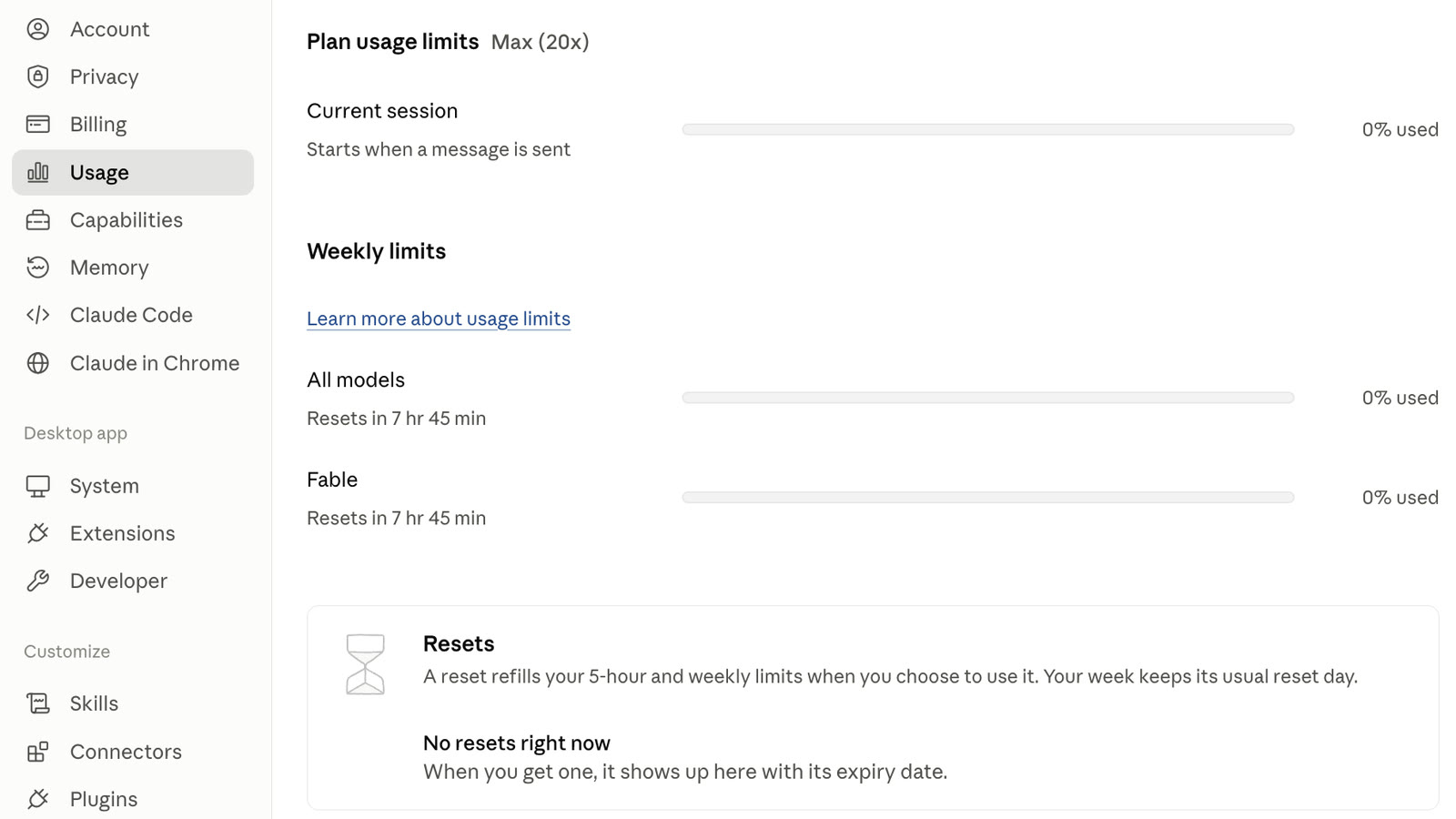 The same Claude Usage page after the reset: current session, All models and Fable all at 0% used, and the Resets panel now reading No resets right now, When you get one, it shows up here with its expiry date