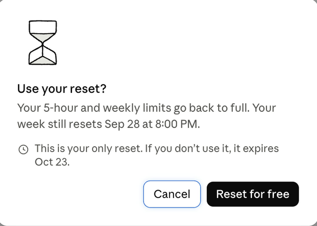 Claude's confirmation dialog titled Use your reset? reading: Your 5-hour and weekly limits go back to full. Your week still resets Sep 28 at 8:00 PM. This is your only reset. If you don't use it, it expires Oct 23. Buttons: Cancel and Reset for free