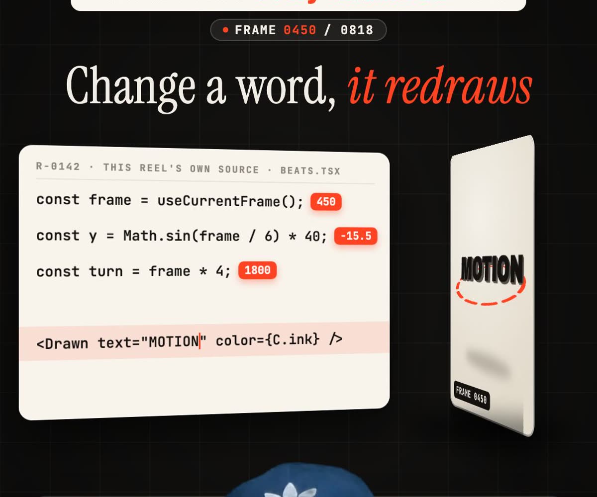 A frame from the reel titled Change a word, it redraws, showing the code with the word MOTION and the preview card updated to match