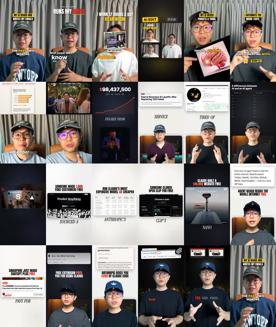 A grid of 24 of Keith's finished vertical reels, most showing him in a navy cap in front of the camera