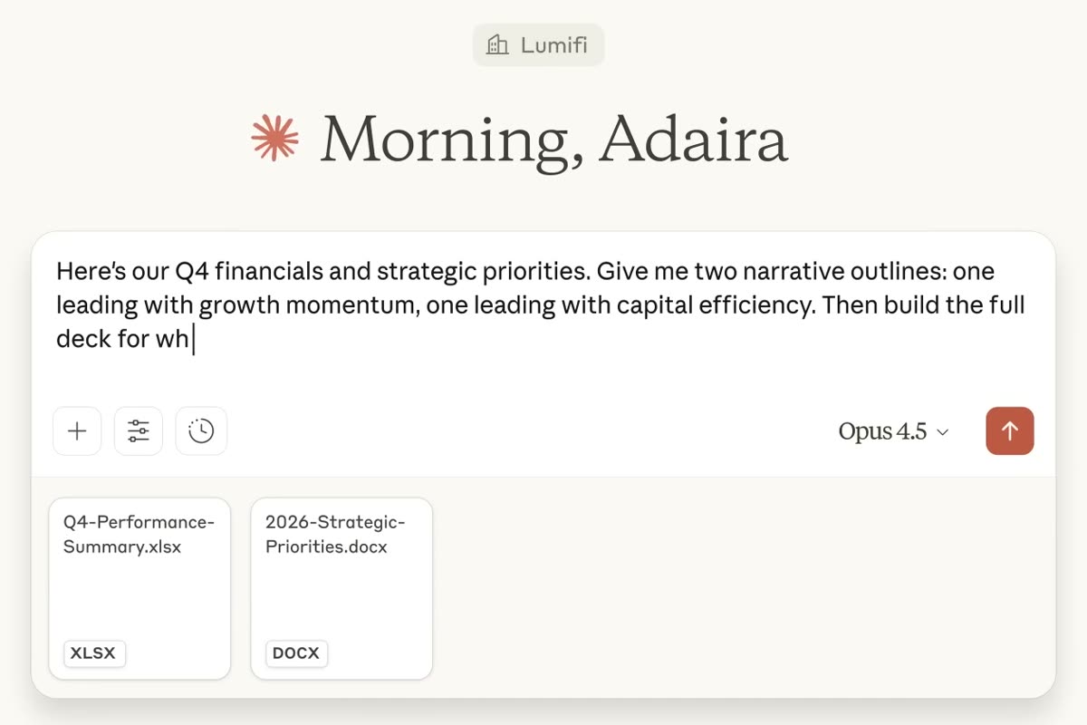 Claude's message box with a brief being typed: Here's our Q4 financials and strategic priorities. Give me two narrative outlines, then build the full deck, with an Excel file and a Word file attached