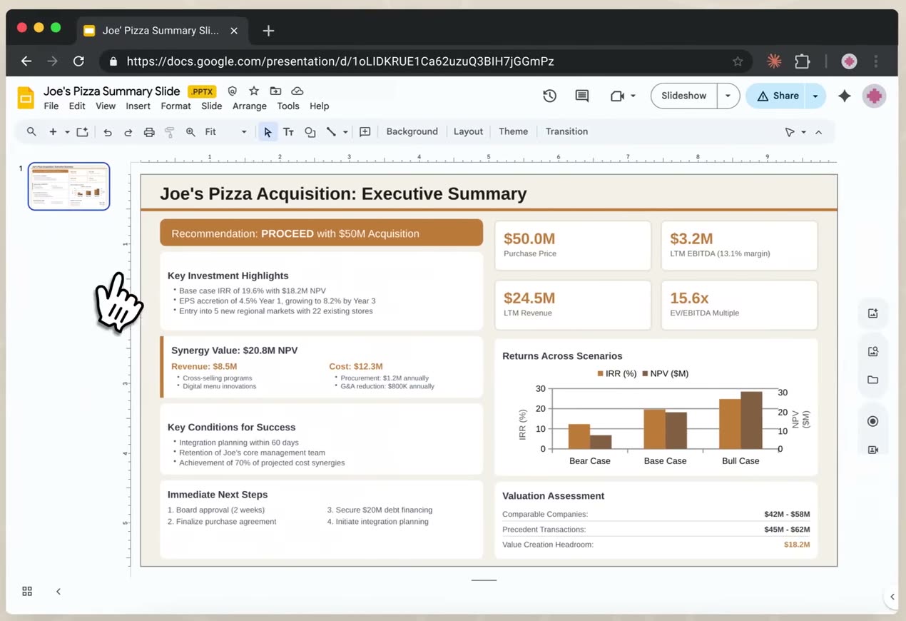 A one-slide Joe's Pizza Acquisition executive summary built by Claude, open from a .pptx file in Google Slides, with headline figures for purchase price, EBITDA, revenue and EV to EBITDA, and a bar chart of IRR and NPV across bear, base and bull cases