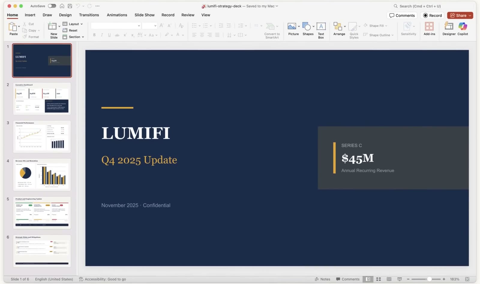 A six-slide strategy deck called LUMIFI, built by Claude, open in Microsoft PowerPoint on a Mac, with the navy title slide showing Q4 2025 Update and 45 million dollars in annual recurring revenue