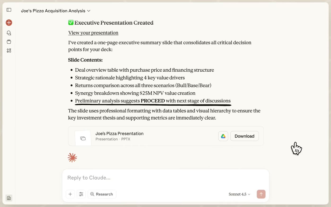 A Claude conversation titled Joe's Pizza Acquisition Analysis, where a follow-up request produced an Executive Presentation Created message listing the slide contents, with a new file card reading Joe's Pizza Presentation, Presentation, PPTX and a Download button