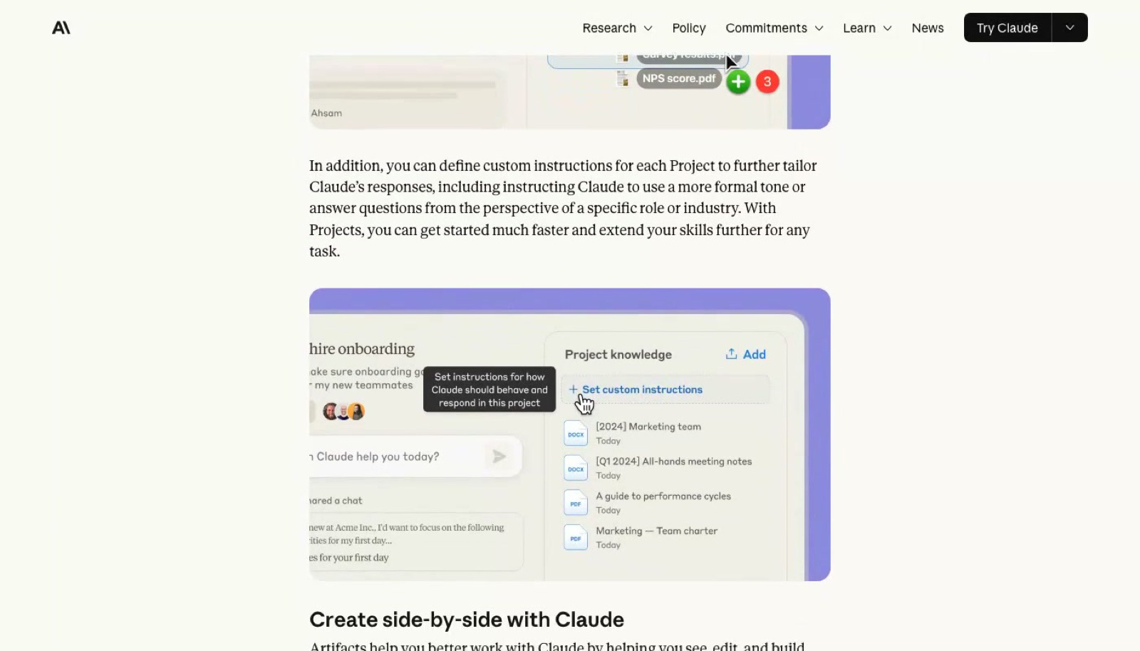 Claude's Projects interface showing a project knowledge panel with an Add button and a Set custom instructions option