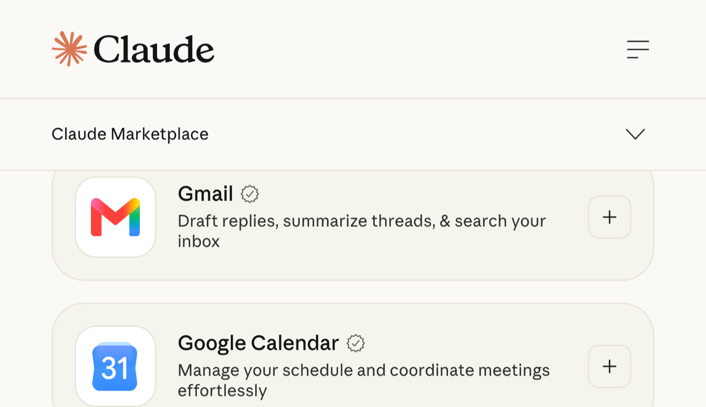 Anthropic's connector directory showing the Gmail card with its description about drafting replies and summarising threads