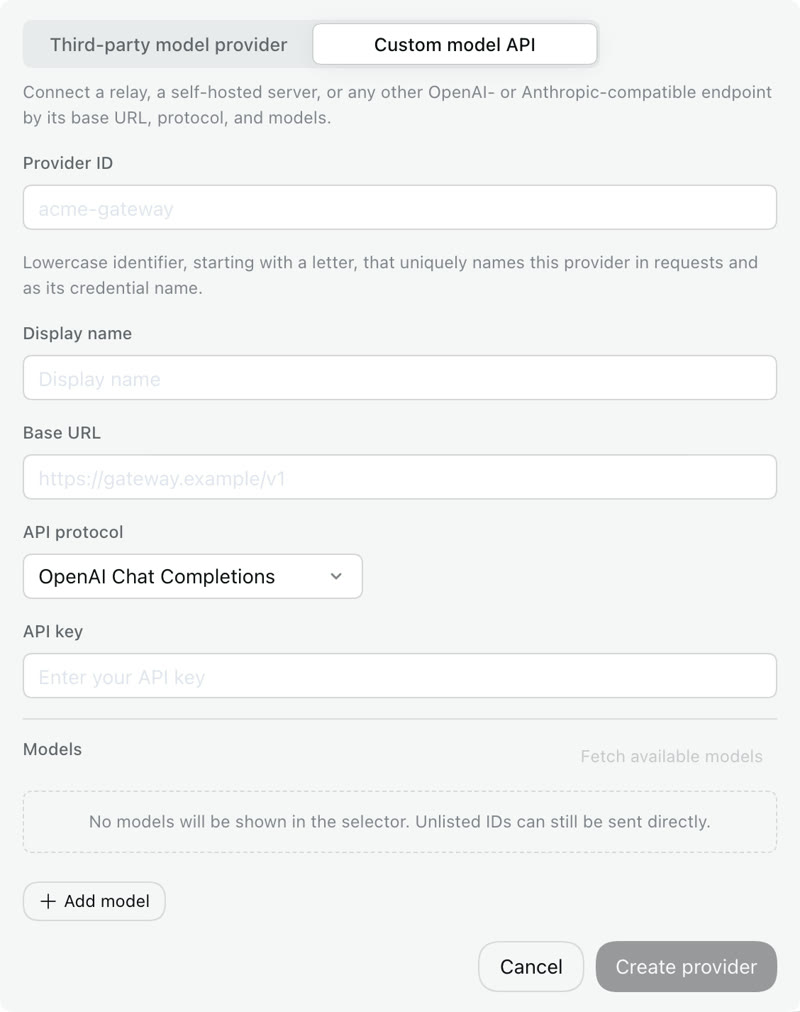The Custom model API form with fields for Provider ID, Display name, Base URL, API protocol set to OpenAI Chat Completions, API key, and a Models list with an Add model button