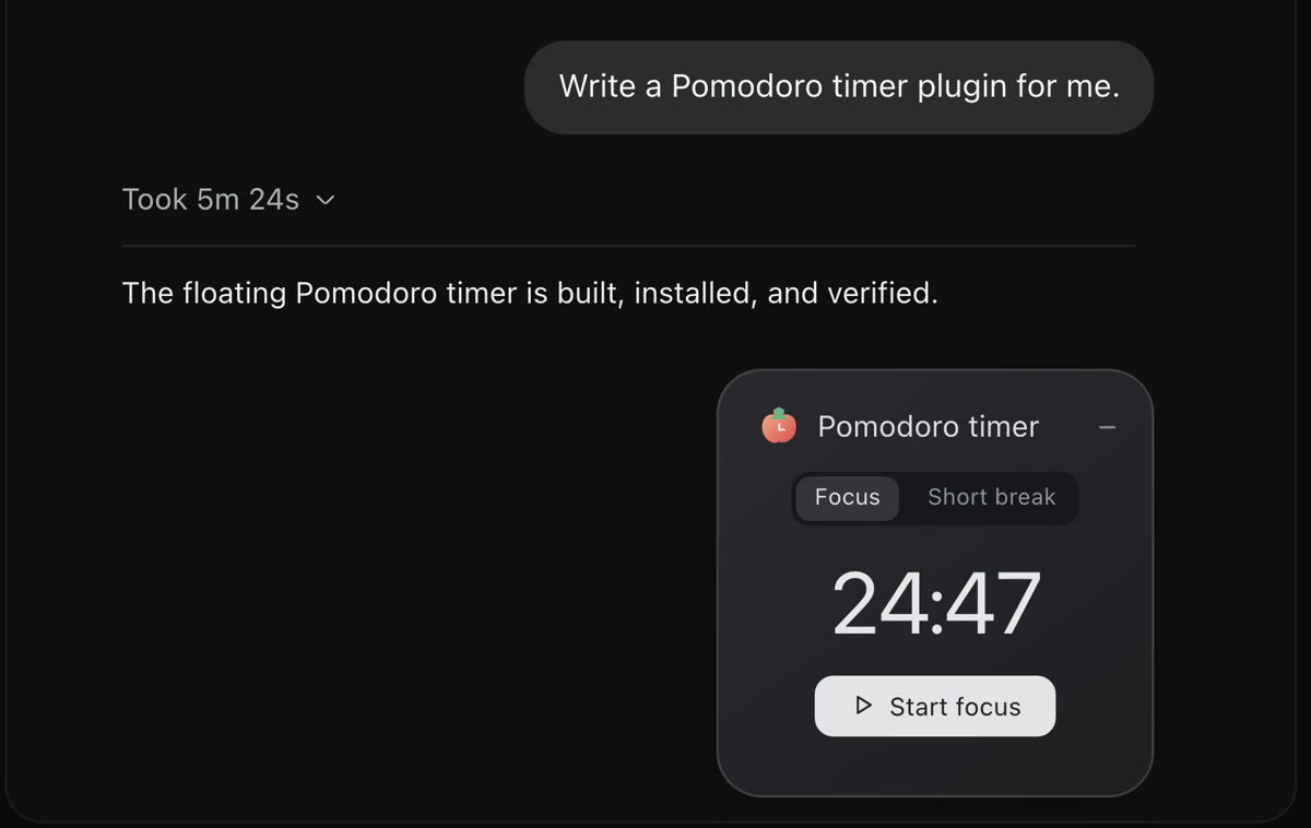 DeepSeek's demo: the prompt Write a Pomodoro timer plugin for me, the note Took 5m 24s, the reply The floating Pomodoro timer is built, installed, and verified, and a small Pomodoro timer window showing 24:47