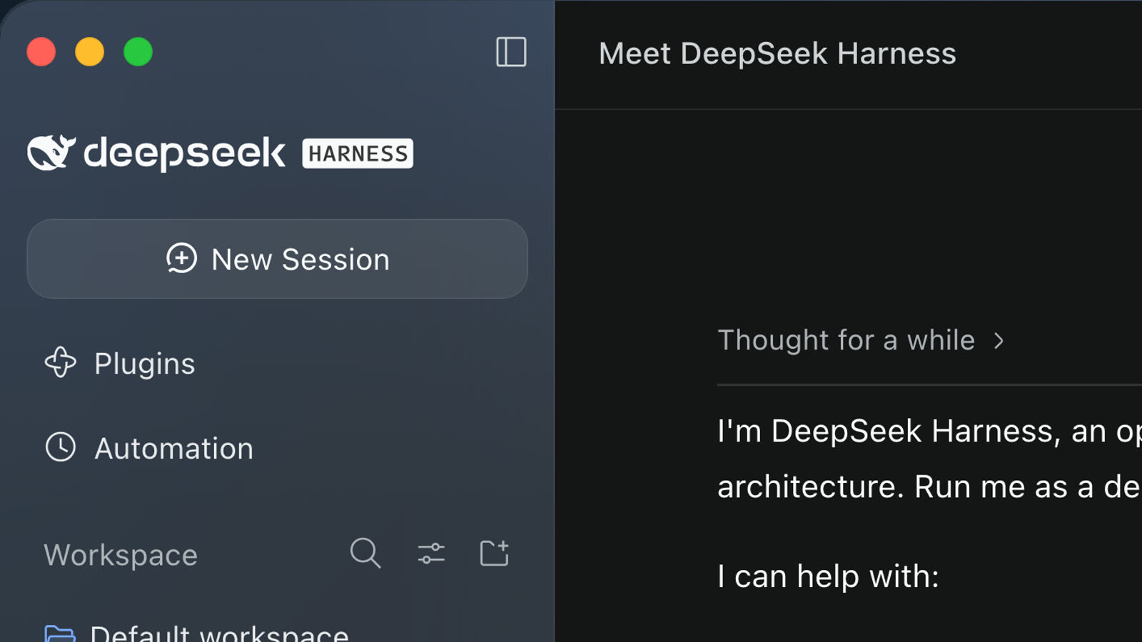DeepSeek's agent app window, with the DeepSeek whale logo in the sidebar above New Session, Plugins and Automation, and the app introducing itself in the chat panel