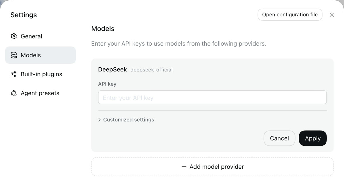 The app's Settings screen on the Models tab, showing a DeepSeek card with an empty API key field, Cancel and Apply buttons, and an Add model provider button below