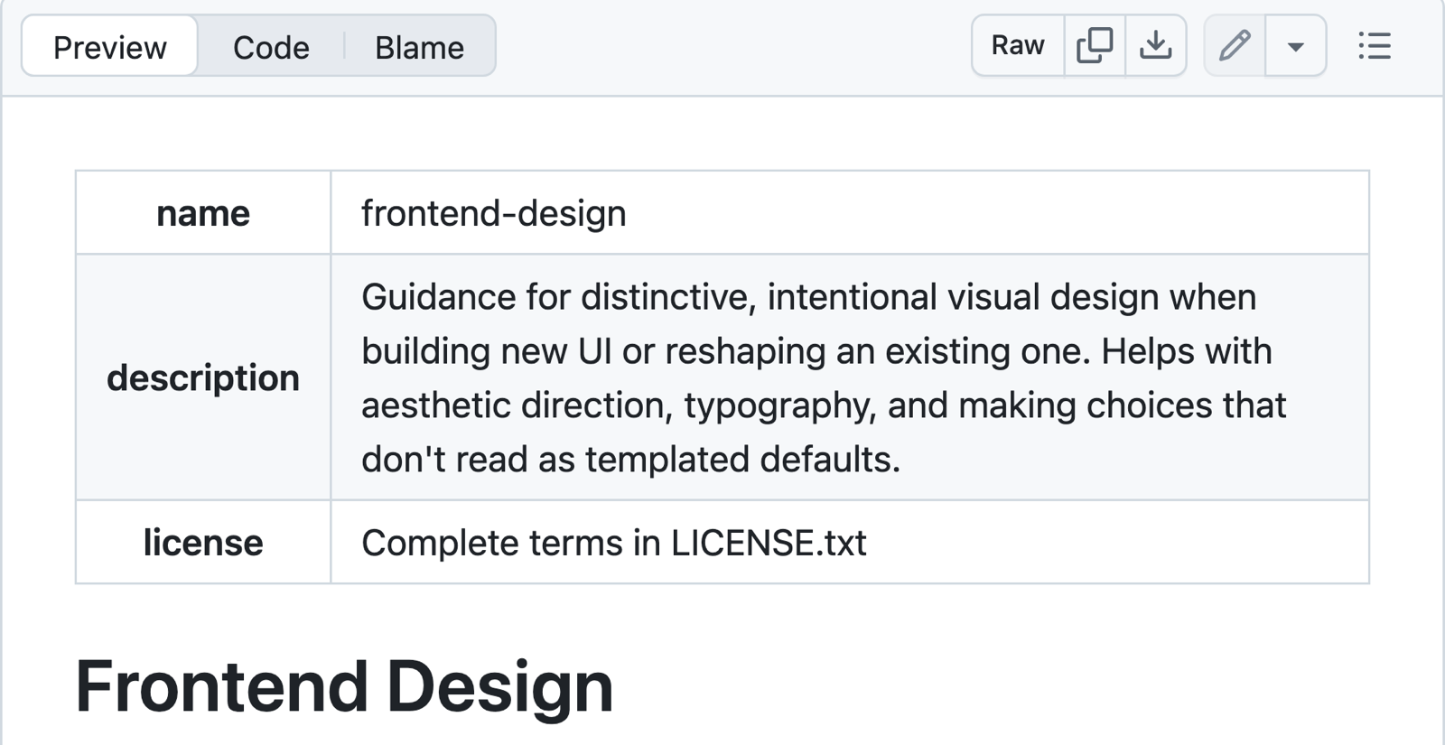 Anthropic's frontend-design SKILL.md on GitHub, its description ending with the phrase making choices that do not read as templated defaults