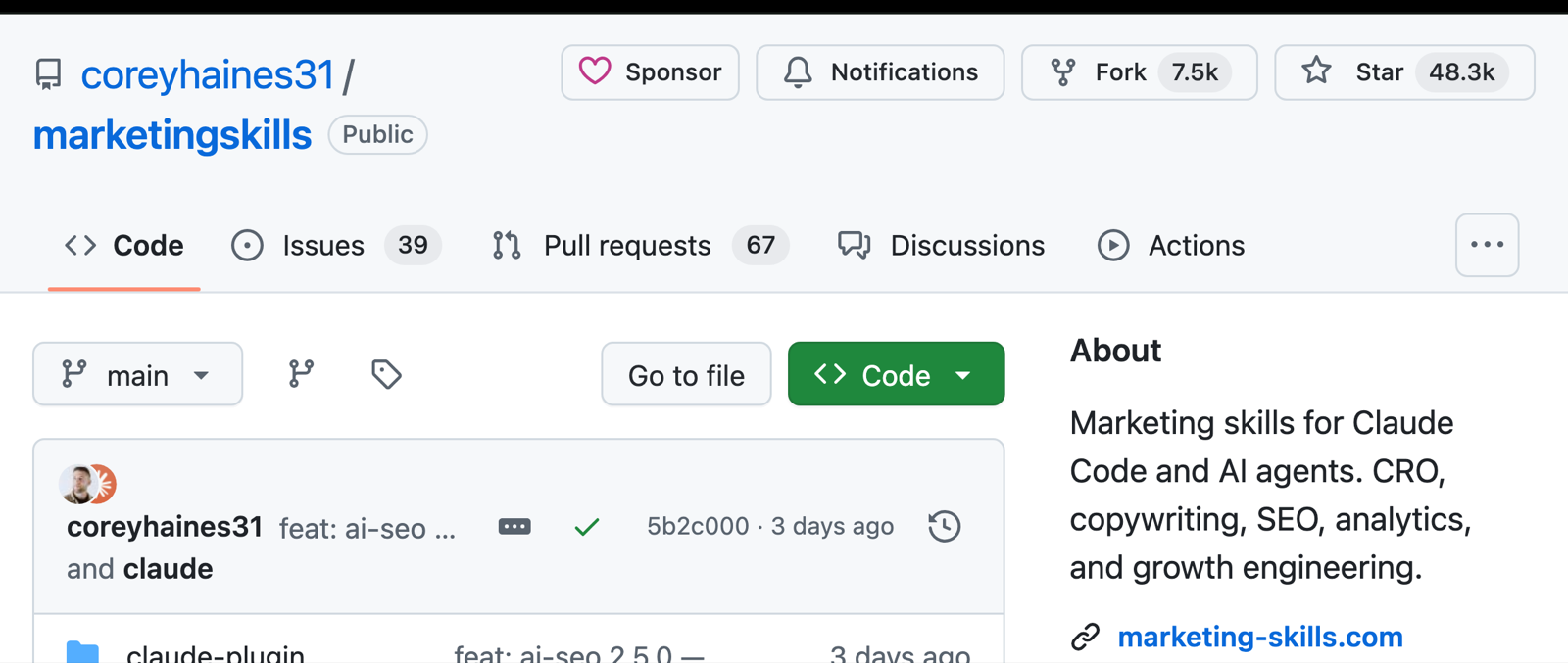 The coreyhaines31 marketing-skills repository on GitHub, showing 48.3 thousand stars and a description listing CRO, copywriting, SEO, analytics and growth engineering for Claude Code