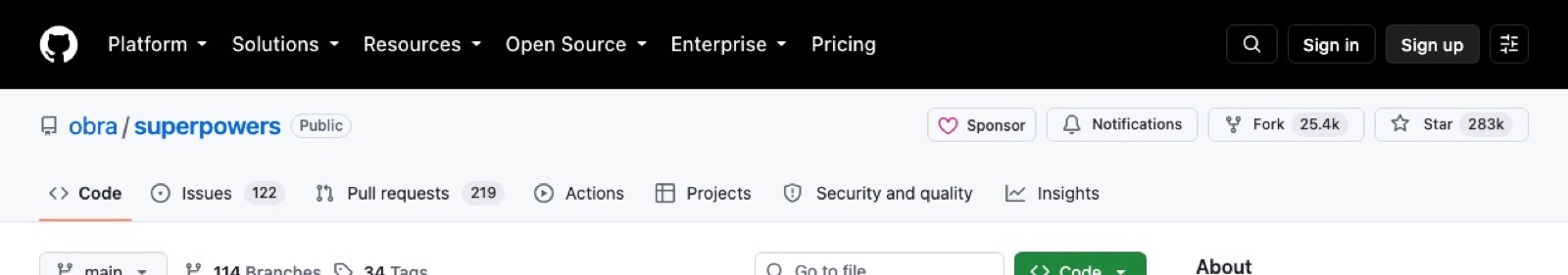 GitHub repository page for obra/superpowers showing Fork 25.4k and Star 283k in the top toolbar