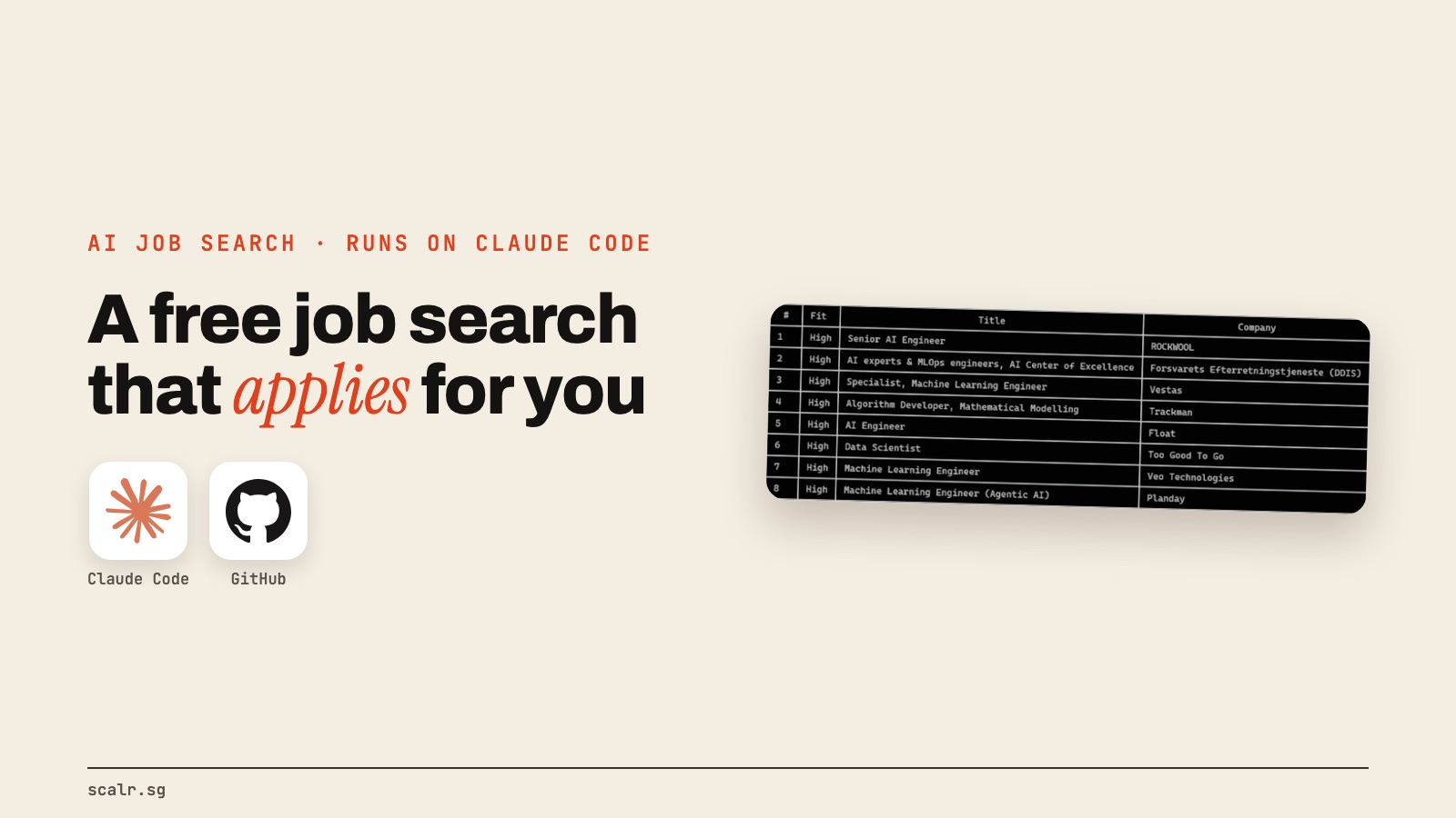 A cream panel reading A free job search that applies for you beside a terminal table of new job matches rated High fit