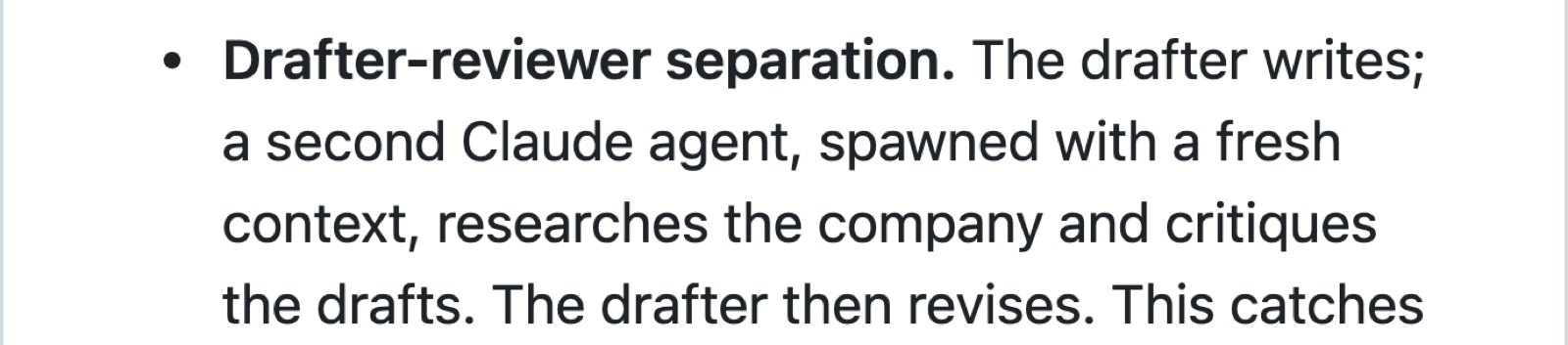 README text explaining drafter-reviewer separation, where a second Claude agent with a fresh context critiques the drafts