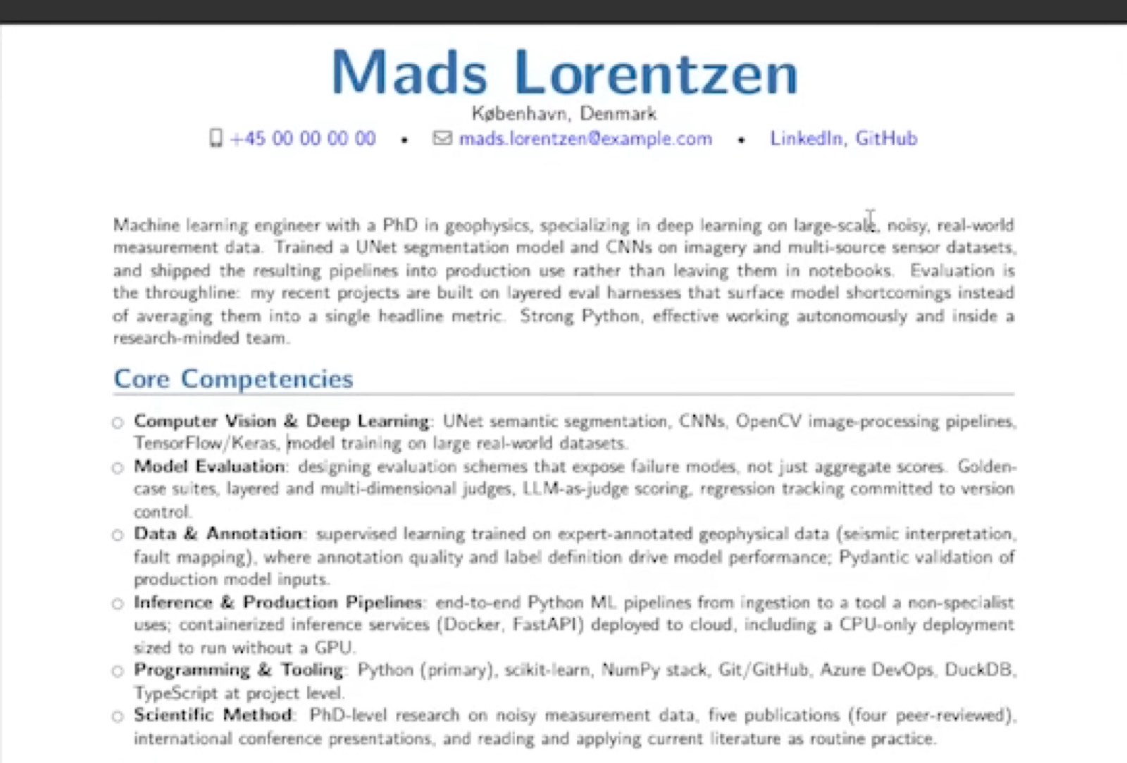 A tailored CV for a machine learning engineer role, with a summary and a core competencies section matched to the posting