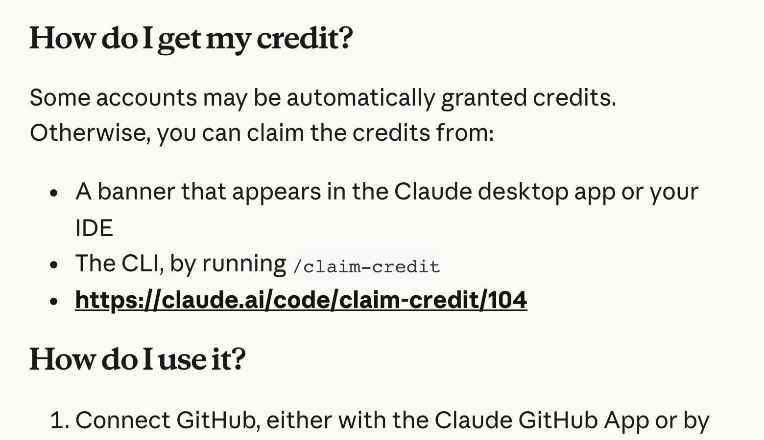 Anthropic's help page, How do I get my credit: some accounts may be automatically granted credits, otherwise claim from a banner in the Claude desktop app or IDE, the CLI by running /claim-credit, or claude.ai/code/claim-credit/104