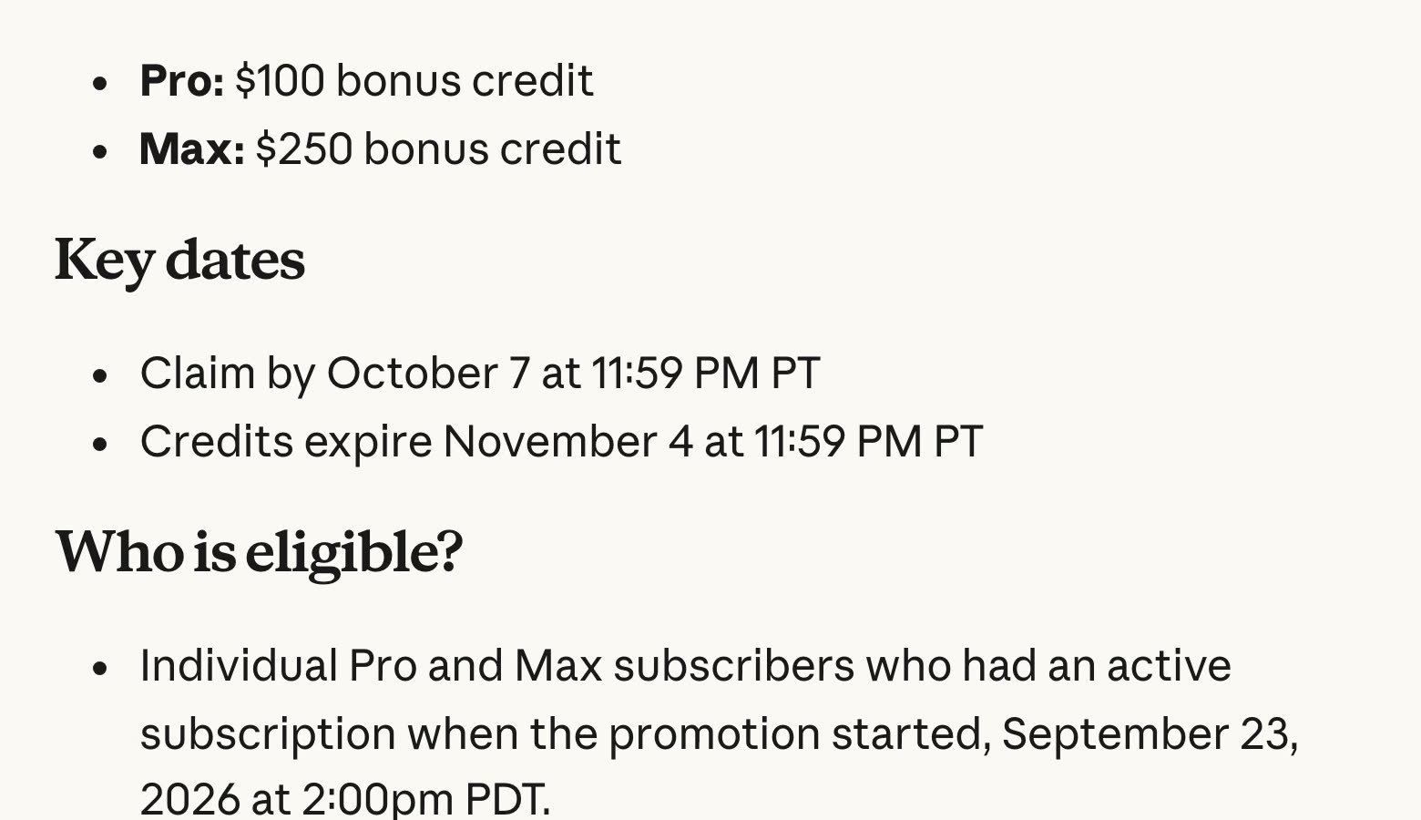 Anthropic's help page listing Pro: $100 bonus credit and Max: $250 bonus credit, then Key dates: claim by October 7 at 11:59 PM PT, credits expire November 4 at 11:59 PM PT