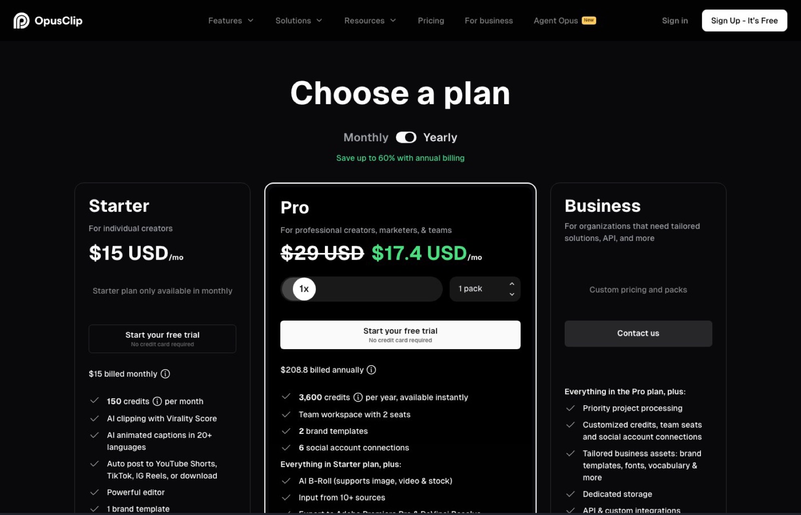 Opus Clip's pricing page showing the Pro plan at $29 USD a month, discounted to $17.40 a month on annual billing, next to the Starter plan at $15 a month