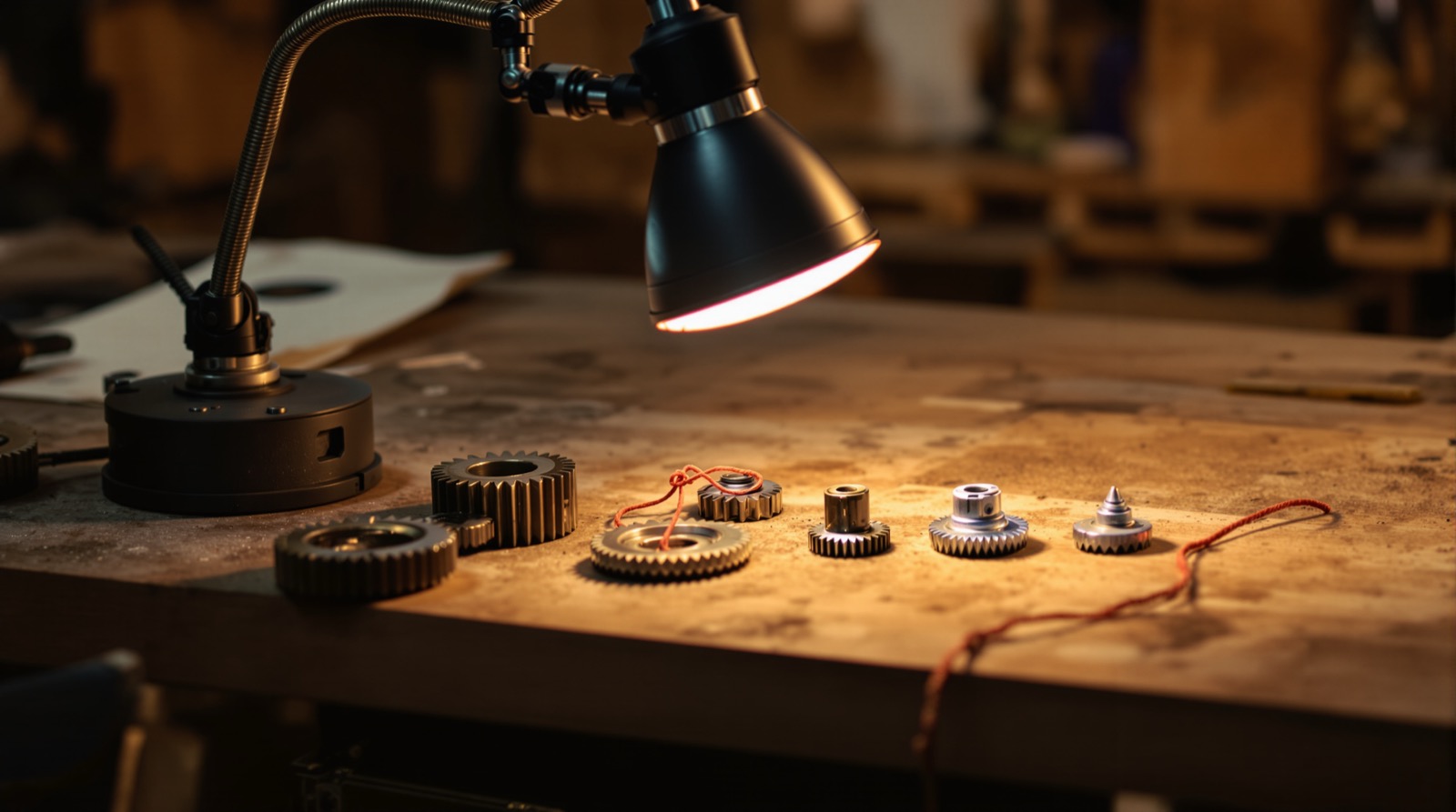 A mechanic's inspection lamp lighting up a row of gears on a workbench, with one flagged by a loop of red string, representing an audit that lights up what needs attention first