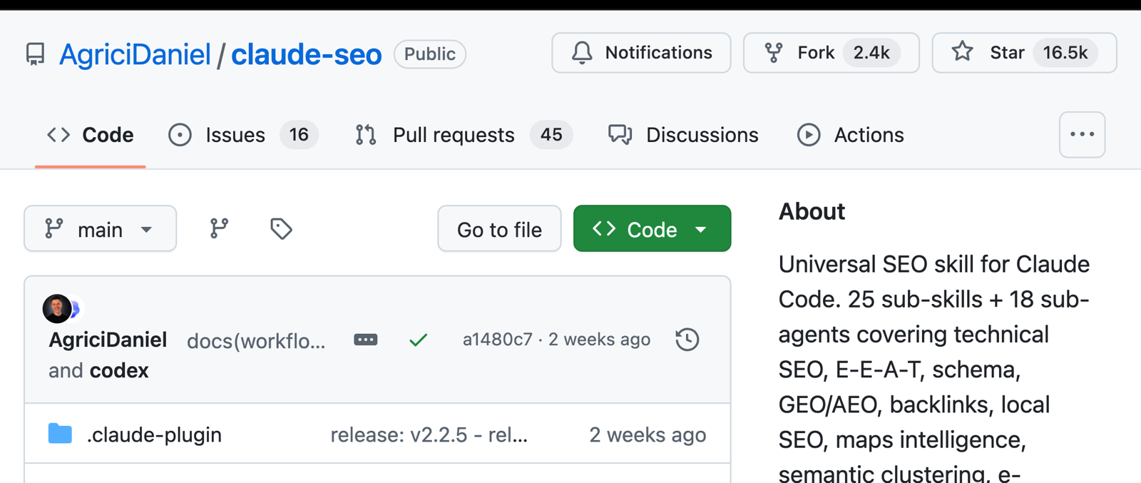 The AgriciDaniel/claude-seo repository on GitHub, showing 16.5 thousand stars, 2.4 thousand forks, and a description reading Universal SEO skill for Claude Code with 25 sub-skills and 18 sub-agents