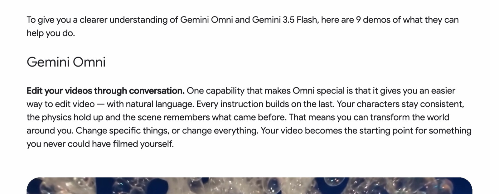 Google's blog text: Edit your videos through conversation. One capability that makes Omni special is that it gives you an easier way to edit video, with natural language. Every instruction builds on the last.