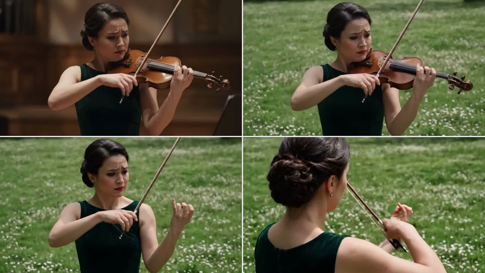 Four frames of the same violinist: playing indoors in a wooden hall, then the same shot moved to a grassy field, then the same shot with the violin gone and her hands still playing, then the camera moved over her shoulder